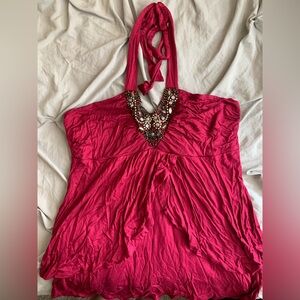 Vintage Wet Seal Red Y2K Halter Neck Top Bedazzled Neckline Gemstones Flowy Top